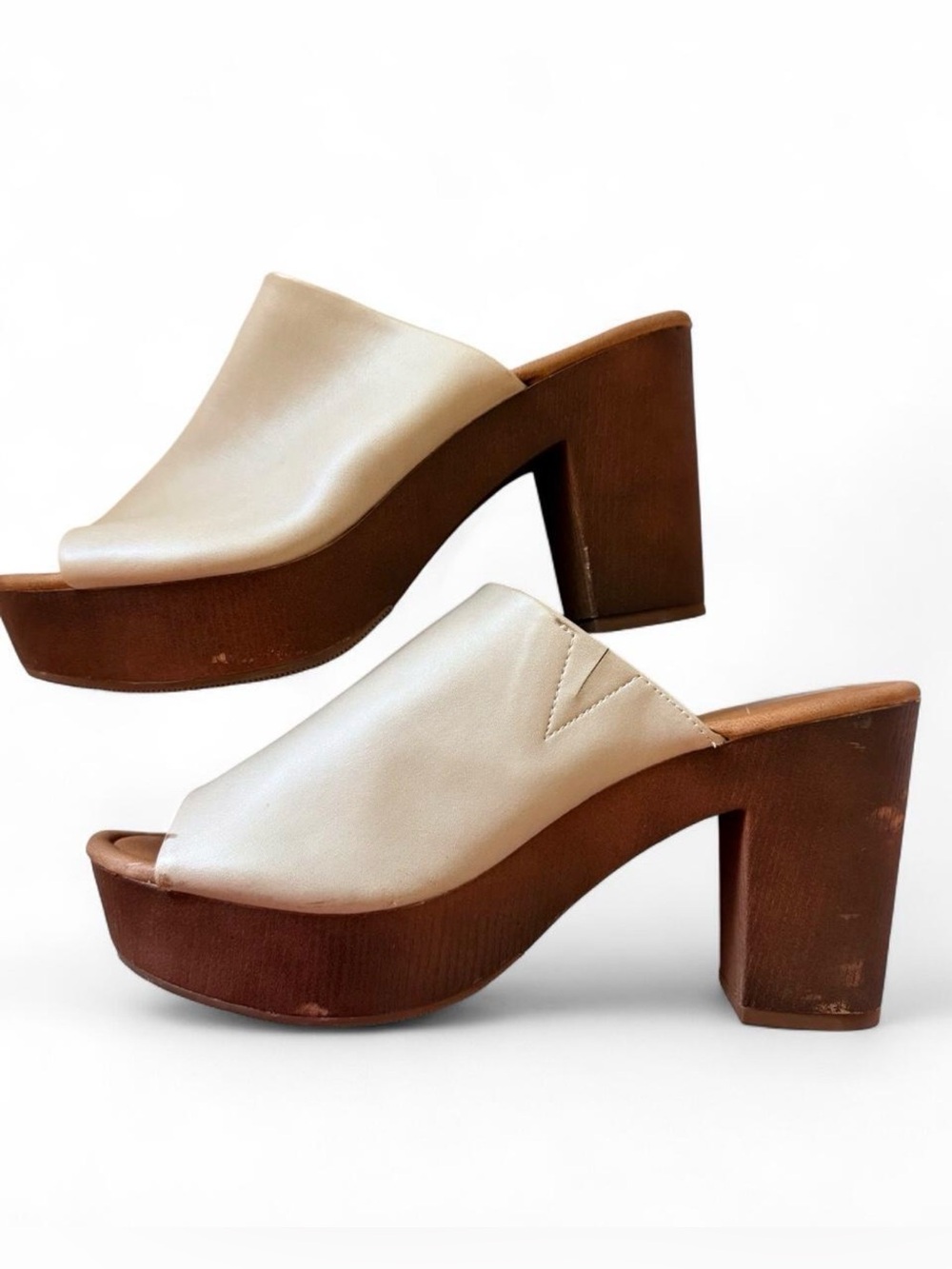 Women's Cream Leather Clog Style Platform Mules with Wooden Block Heel